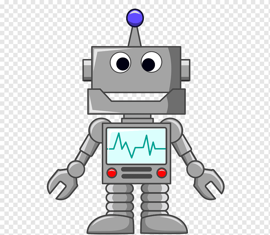 Friendly cartoon robot with blue antenna, screen chest displaying heartbeat, and metal arms and legs.