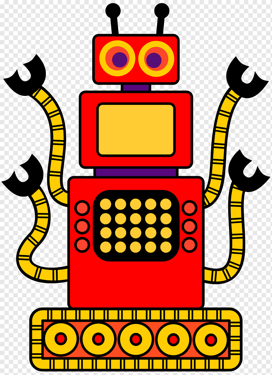 Colorful cartoon robot with red body, yellow limbs, big eyes, and tank treads.