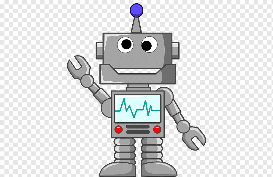 Friendly cartoon robot with wrench hand, screen chest displaying heartbeat, and blue antenna waving.