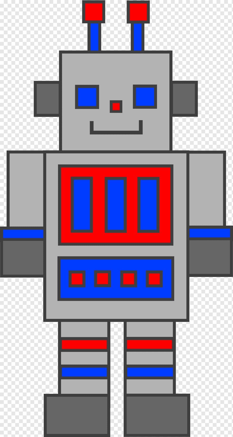 Pixel-art robot with gray body, blue eyes, red antenna tips, and colorful chest panel.