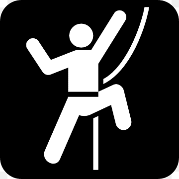 White silhouette of a person rock climbing on a black background, using a rope and harness.
