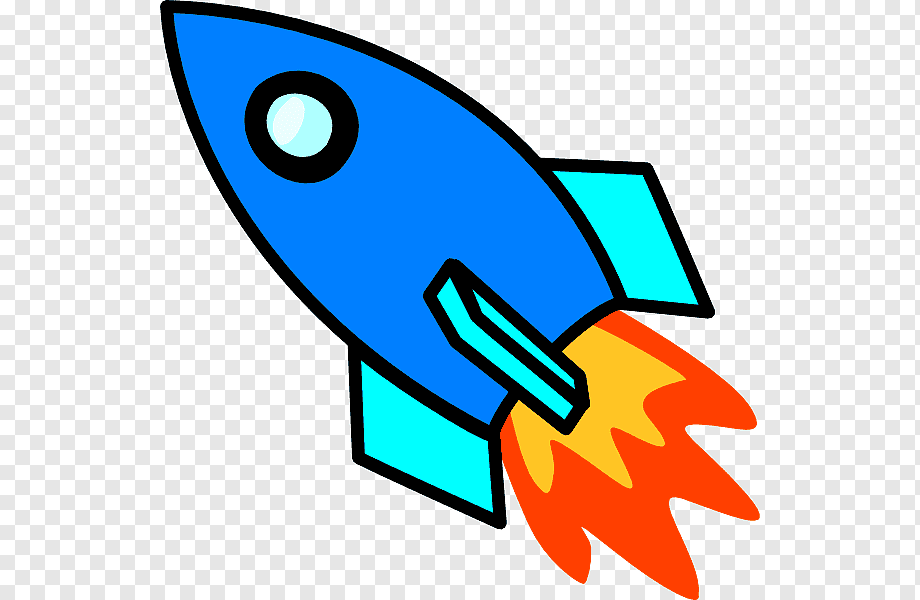 Blue cartoon rocket with cyan fins and orange flame, launching upward on transparent background.