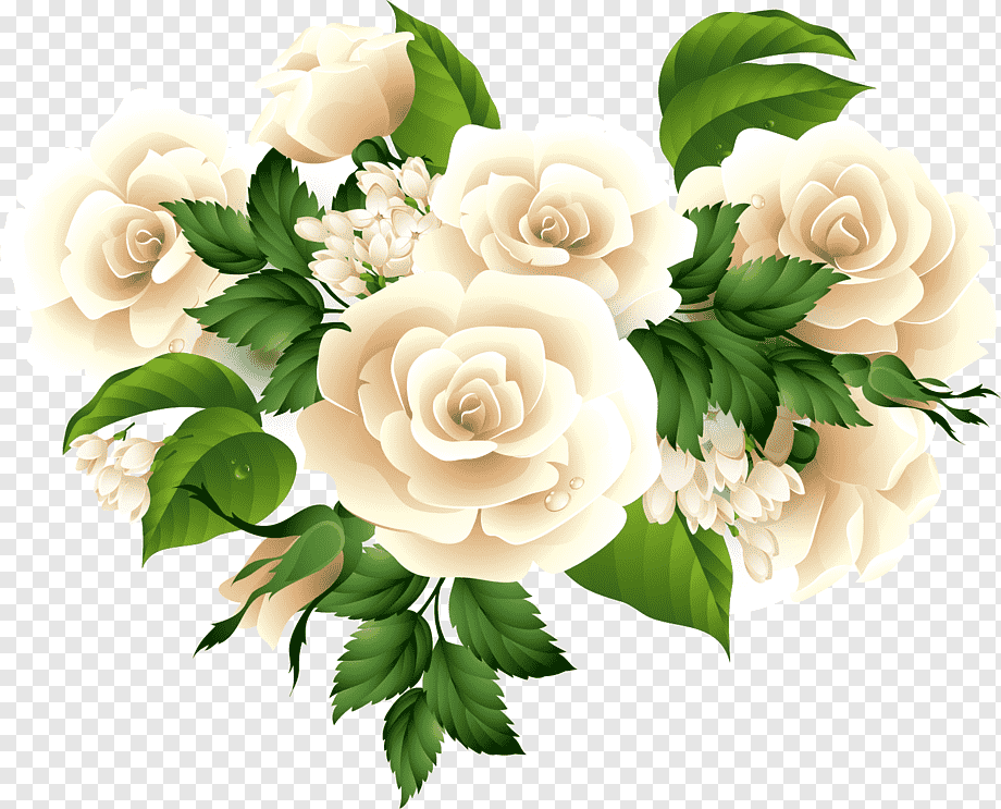 Elegant bouquet of cream-colored roses with green leaves and small white filler flowers on transparent background.