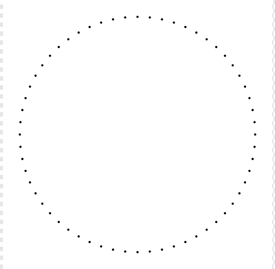A circular arrangement of evenly spaced black dots on a white background, forming an open ring or dotted circle.