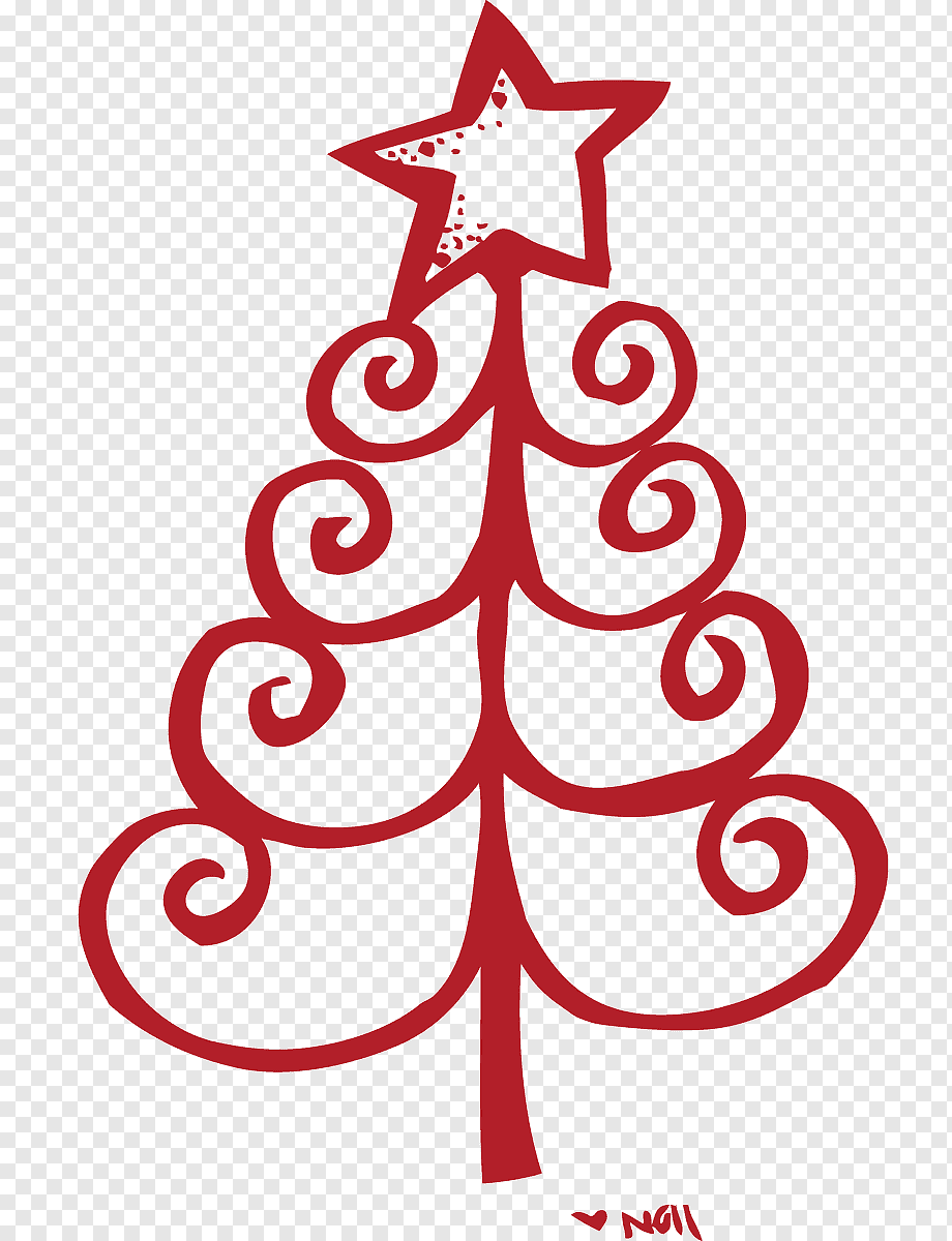 Stylized red Christmas tree with swirling branches and a star topper on transparent background.