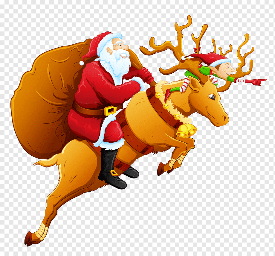 Santa Claus rides a reindeer with a sack of gifts, guided by a cheerful elf pointing ahead.