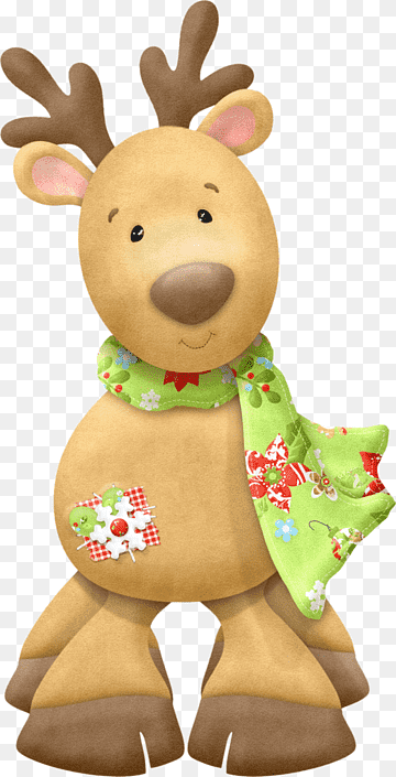 Cute cartoon reindeer wearing a green floral scarf and patchwork belly decoration, standing on transparent background.