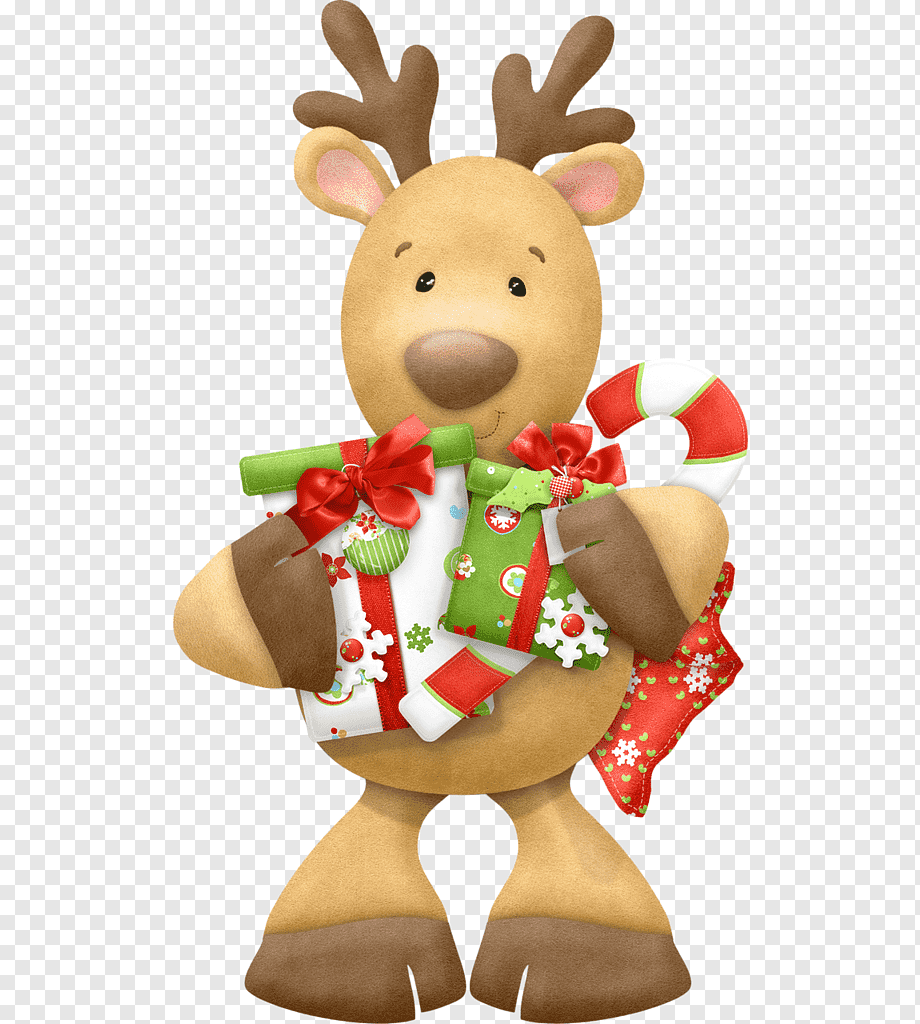 Cute cartoon reindeer holding Christmas gifts, candy cane, and stocking.