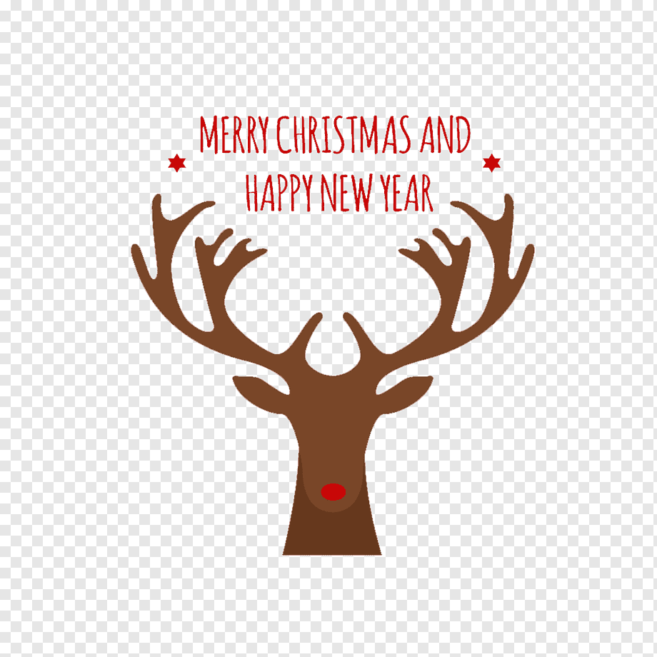 Stylized brown reindeer head with red nose and antlers, above text "Merry Christmas and Happy New Year" with red stars.