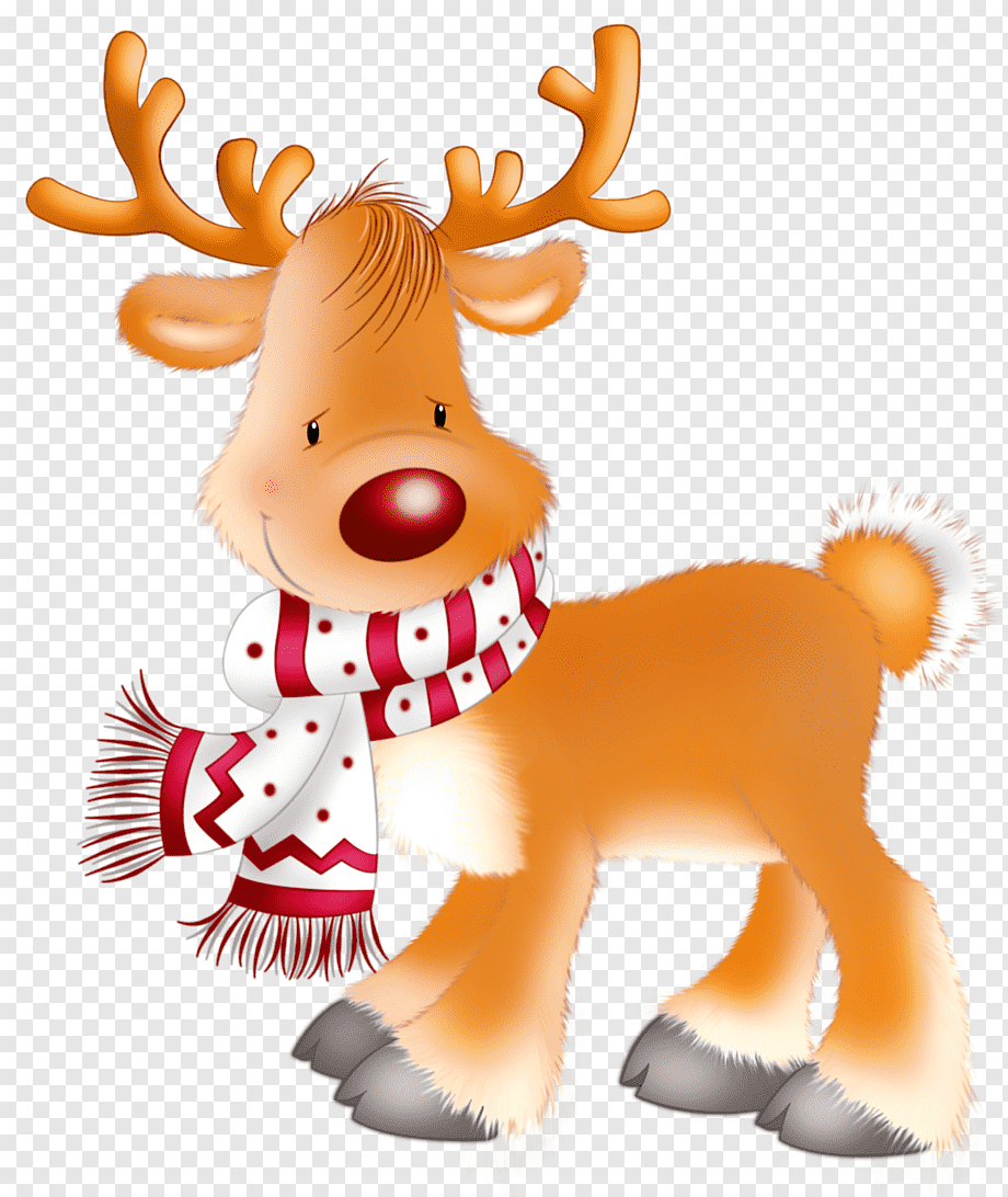 Cute cartoon reindeer with red nose, antlers, and festive red-and-white scarf on transparent background.