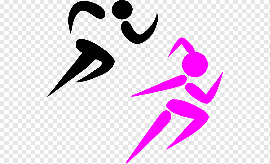 Two stylized running figures-one black, one pink-depicting motion and competition on a transparent background.