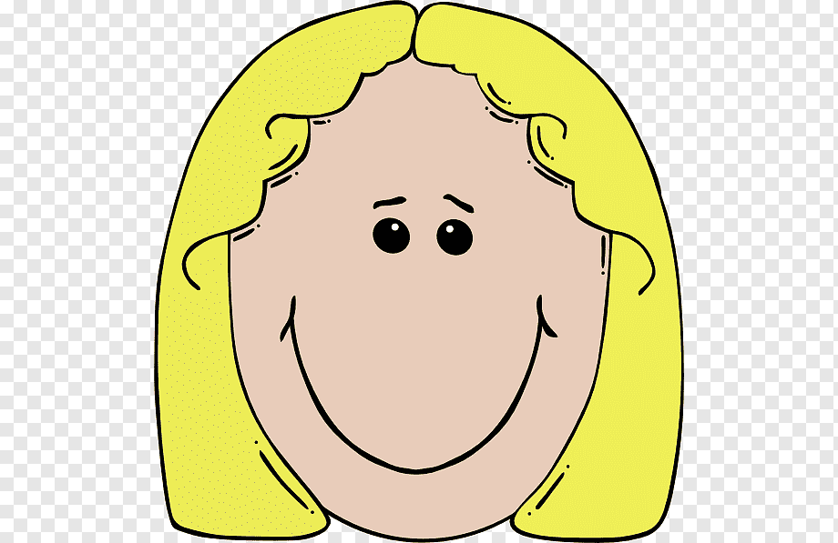 Cartoon illustration of a smiling girl with blonde hair and expressive eyes.