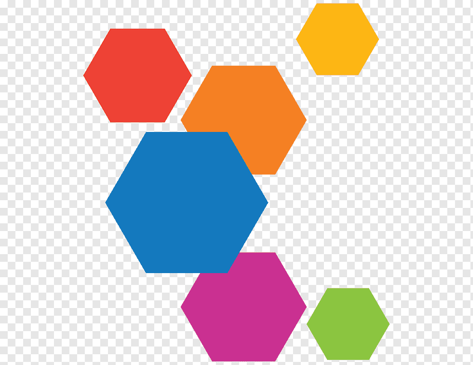 Six colorful hexagons arranged in a scattered pattern on a transparent background.