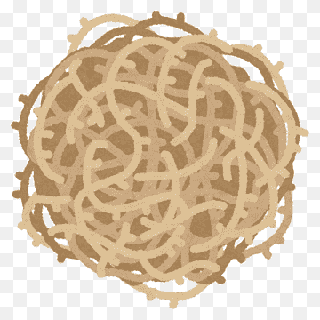 A tightly wound ball of tangled brown rope or twine on a transparent background.