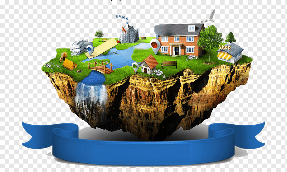 Floating island with homes, shops, offices, waterfall, and greenery-symbolizing integrated community living.