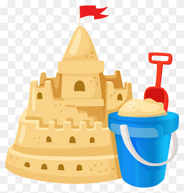 A colorful cartoon-style sandcastle with a red flag, next to a blue bucket filled with sand and a red shovel.