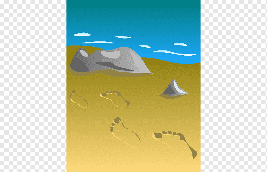 Footprints on sandy beach near rocks under blue sky with clouds