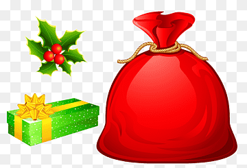 Red Santa sack, green gift box with gold bow, and holly sprig on transparent background.