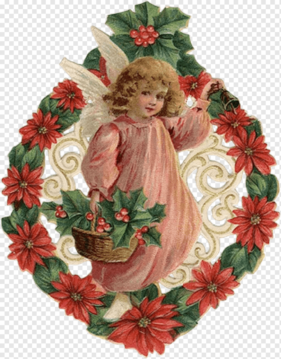 Vintage Christmas angel in pink gown holding holly basket, surrounded by poinsettias and ornate wreath.