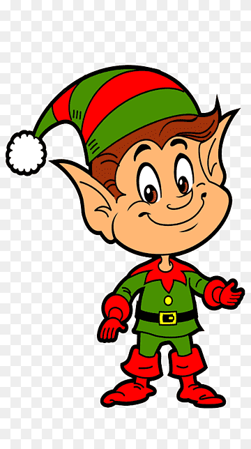 Cheerful cartoon Christmas elf wearing green and red outfit with striped hat and pointy ears.