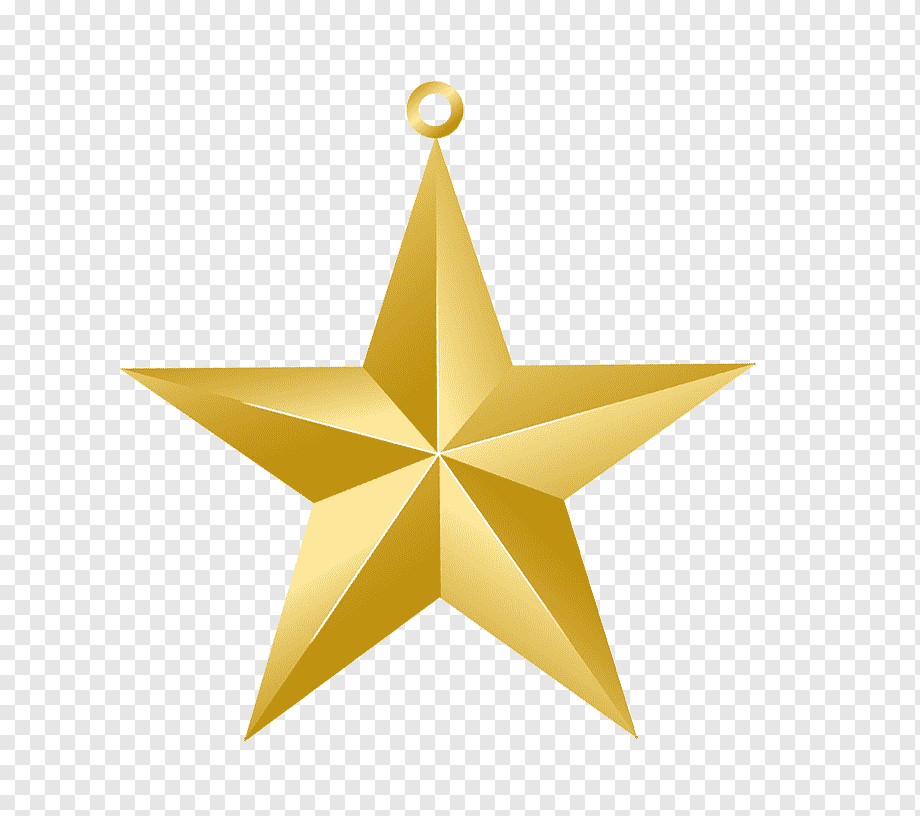 Golden 3D star ornament with hanging loop, shiny metallic finish on transparent background.