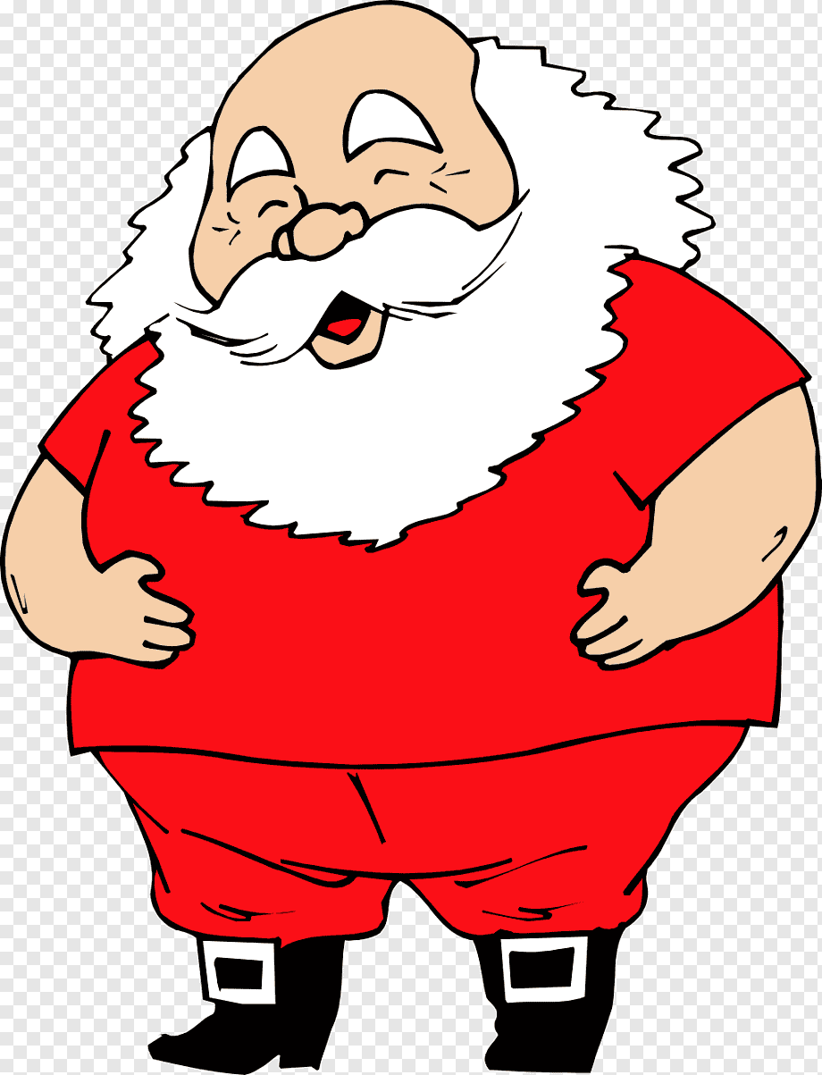 Cheerful cartoon Santa Claus with white beard, red suit, and hands on hips, smiling broadly.