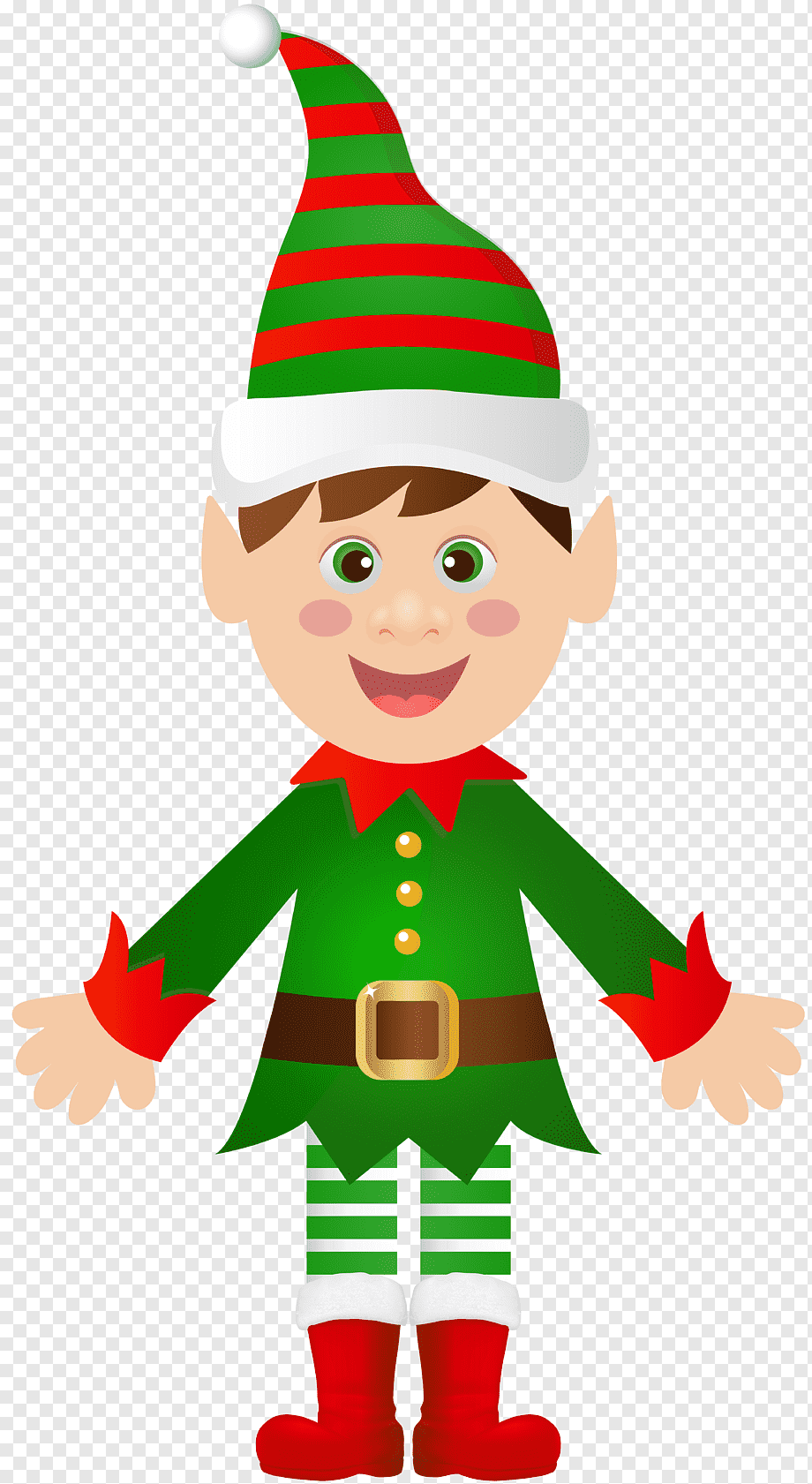 Cheerful cartoon Christmas elf in green and red outfit with striped hat and boots, arms open wide.