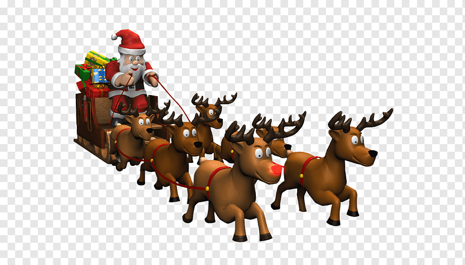 Santa Claus in red suit riding a sleigh pulled by six reindeer, carrying wrapped gifts, on transparent background.