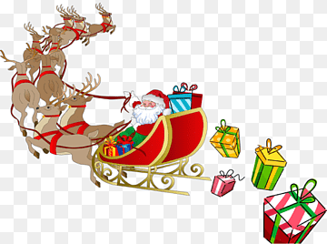 Santa Claus in a red sleigh pulled by reindeer, delivering colorful wrapped gifts against a transparent background.