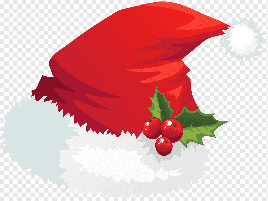Red Santa hat with white trim, holly leaves, and red berries on transparent background.