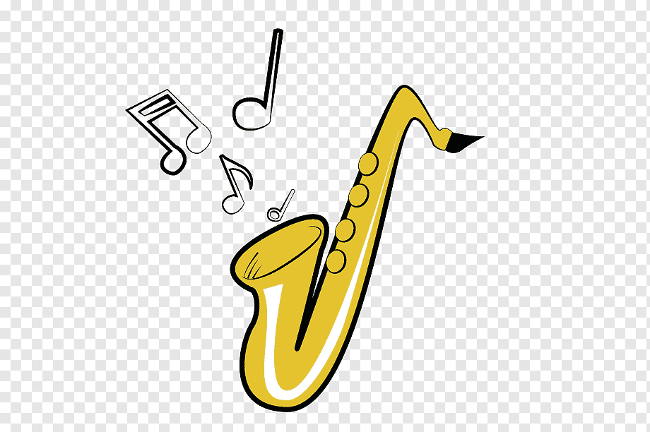 Golden saxophone with musical notes floating upward on transparent background.