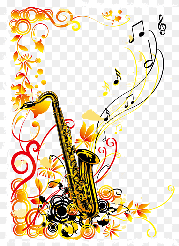 Golden saxophone surrounded by vibrant autumn floral swirls and floating musical notes on transparent background.