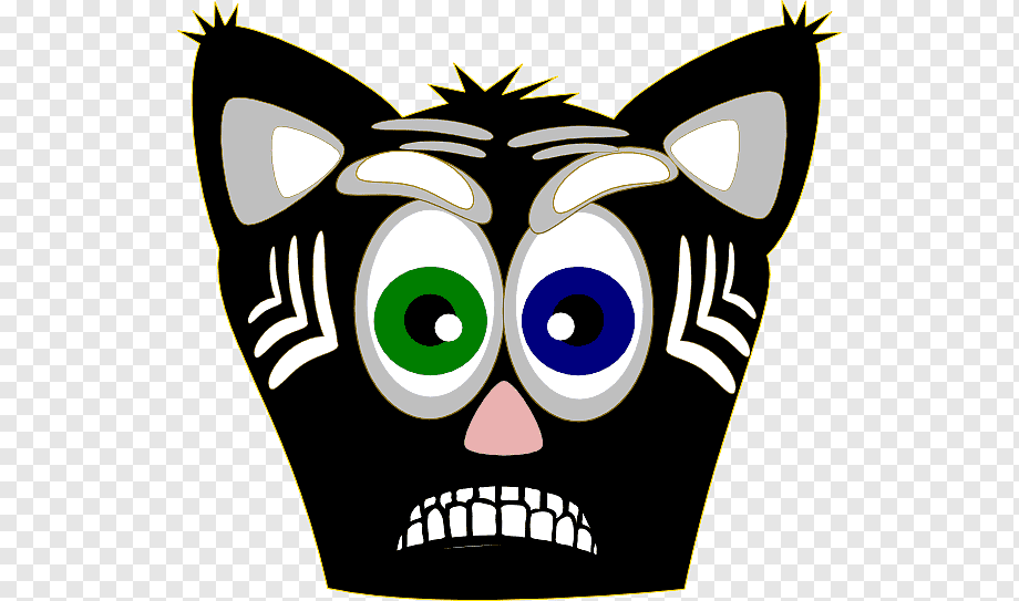 Cartoon black cat face with mismatched green and blue eyes, wide grin, and spiky ears on transparent background.