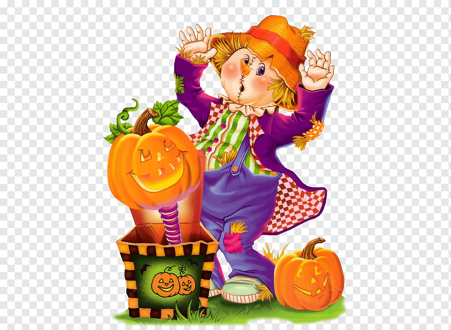 Cheerful cartoon scarecrow popping out of a jack-o'-lantern box with pumpkins, wearing purple overalls and orange hat.