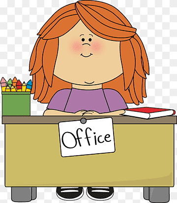 Cartoon girl with red hair sitting at a desk labeled "Office", holding crayons and a notebook.