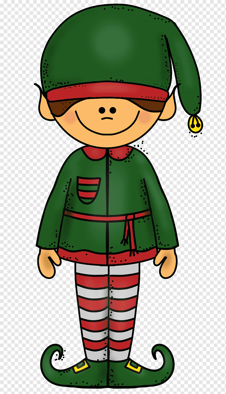 Cheerful cartoon Christmas elf in green hat and striped tights, smiling with pointy shoes and bell.