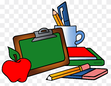 School supplies including clipboard, apple, pencils, mug, and notebooks on transparent background.