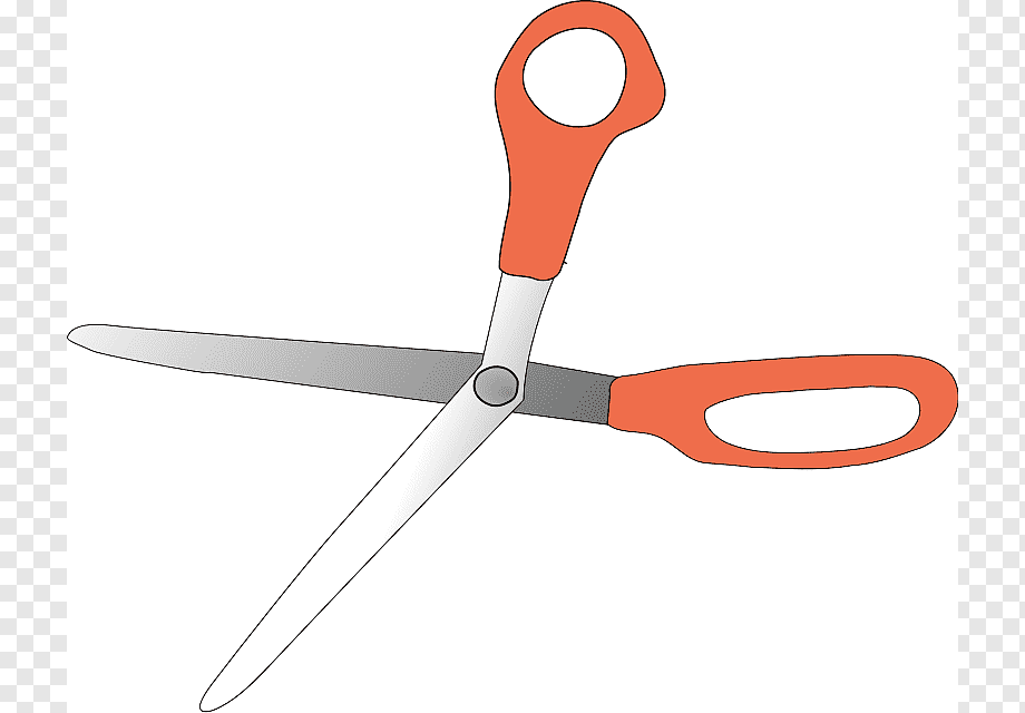 Orange-handled scissors with metallic blades, open against a transparent background.