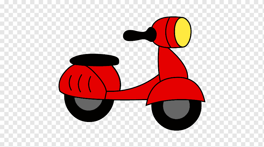 Red cartoon-style scooter with yellow headlight, black seat and wheels, on transparent background.