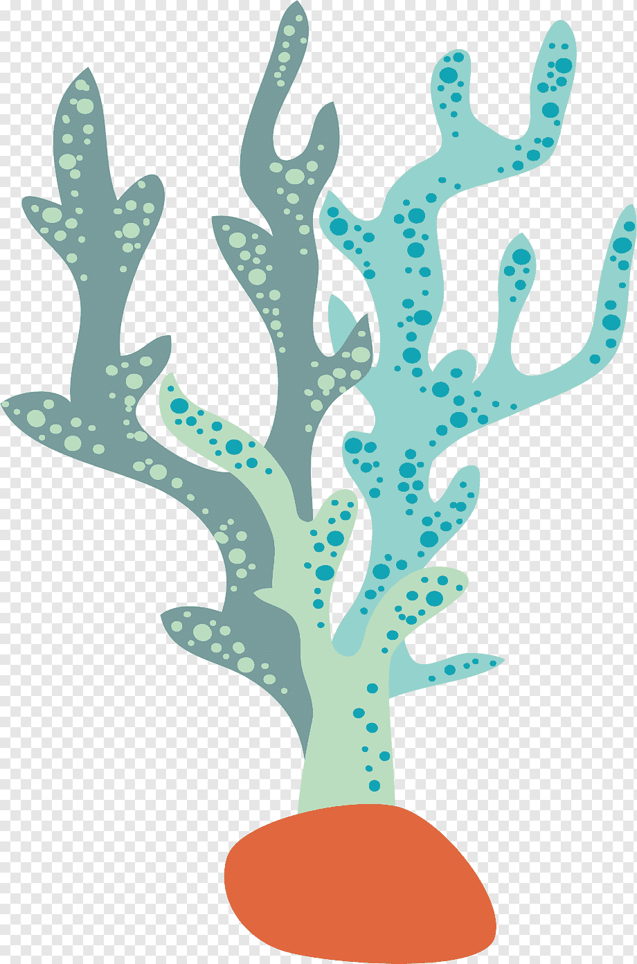 Stylized coral illustration with branching teal and gray forms, dotted texture, rooted in orange base on transparent background.