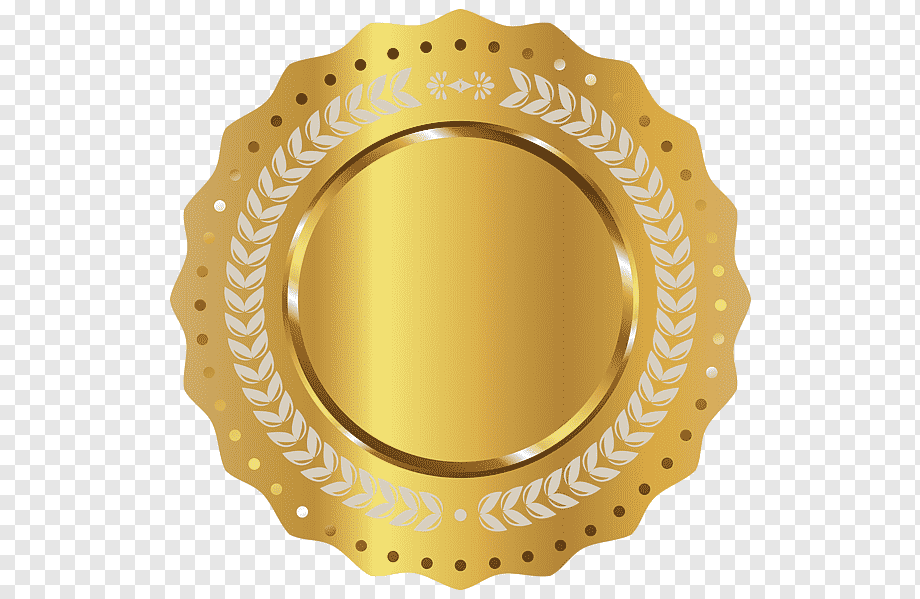 Golden circular award badge with laurel wreath and scalloped edge, glossy finish on transparent background.