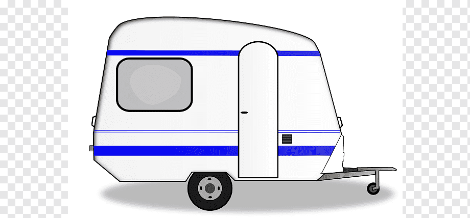 White vintage-style travel trailer with blue stripes, single window, and rear hitch.