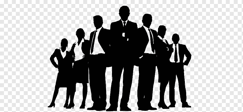 Silhouette of a diverse business team standing confidently in formal attire against a transparent background.