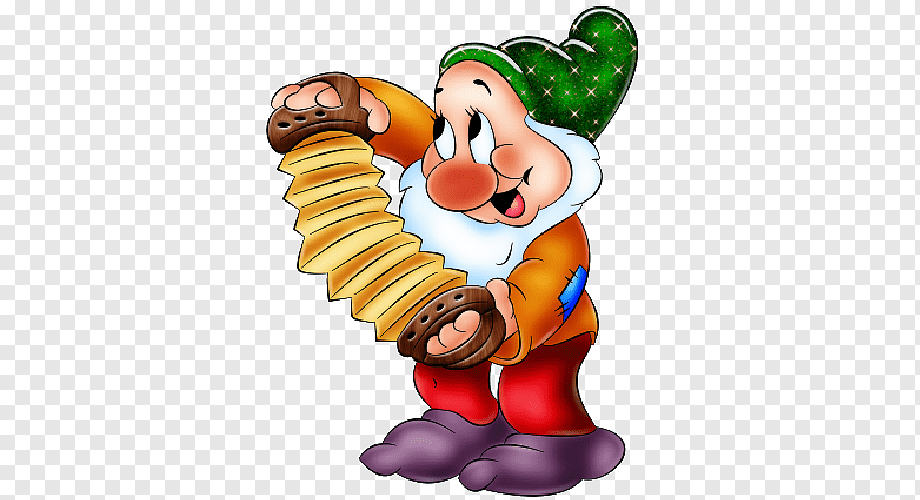 Cheerful dwarf in green hat playing accordion with joyful expression.