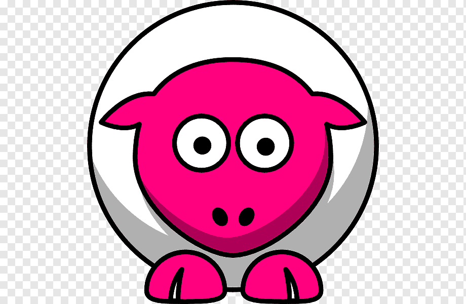 Pink cartoon sheep with large eyes, white woolly body, and hooves, on transparent background.