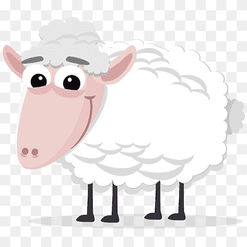 Cute cartoon sheep with fluffy white wool, pink face, and expressive eyes standing on transparent background.