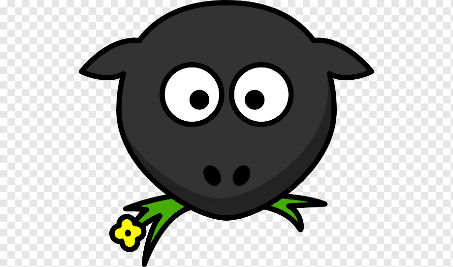 A cartoon black sheep with big white eyes, chewing green grass and a yellow flower.