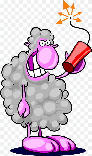 A cartoon sheep with pink face and hooves holding a red detonator with sparks flying.
