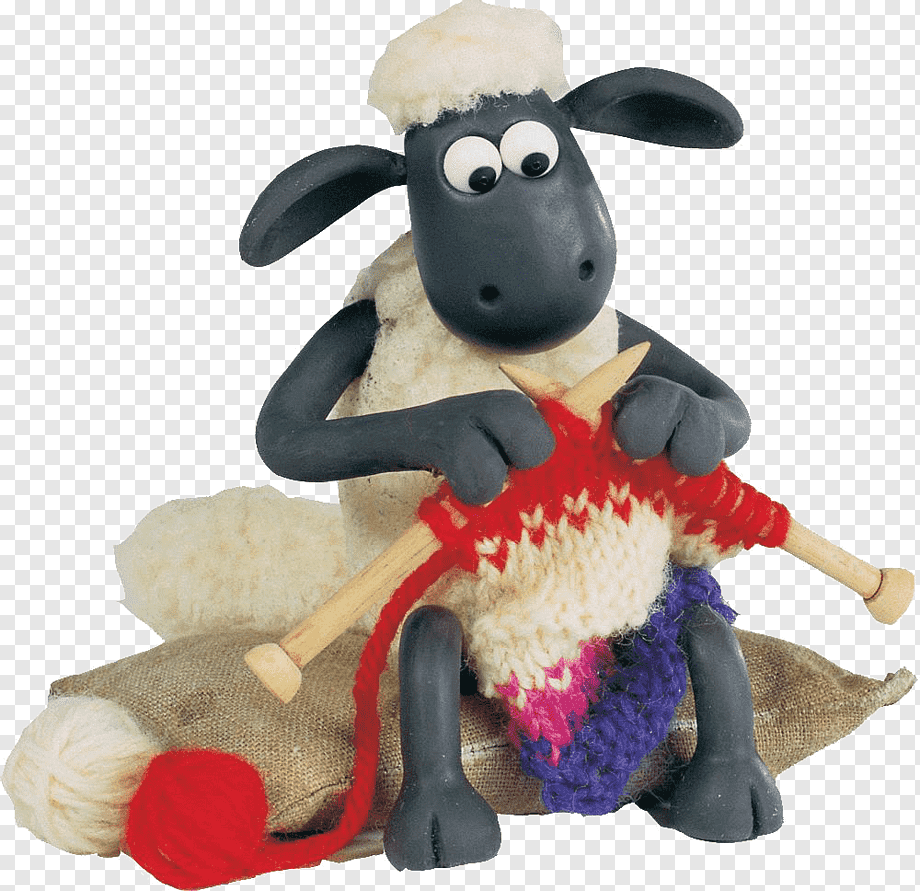 Shaun the Sheep knitting a colorful sweater with wooden needles, sitting on a sack with yarn balls nearby.