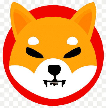 Shiba Inu cryptocurrency logo: stylized orange dog face with white muzzle, black eyes and fangs, inside a red circle.